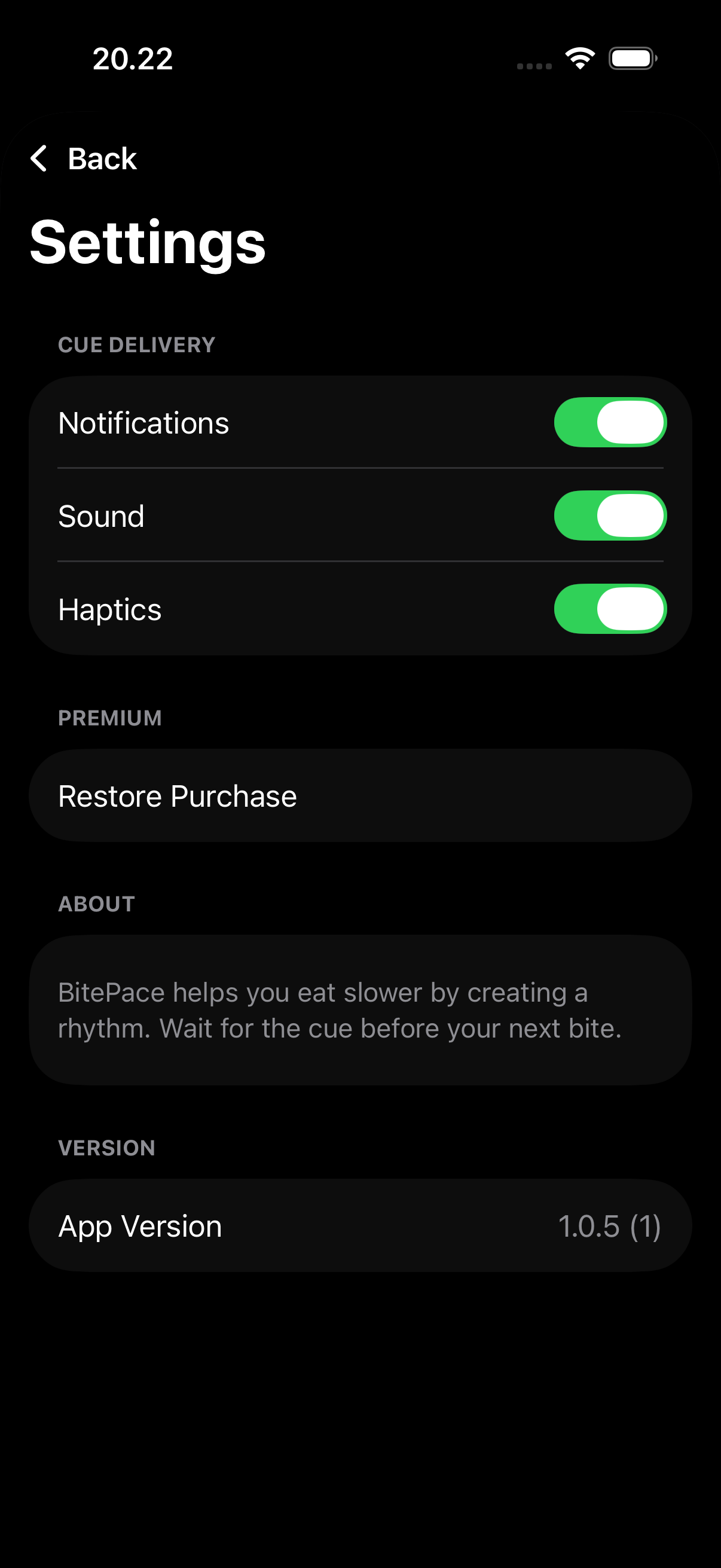 BitePace settings screen
